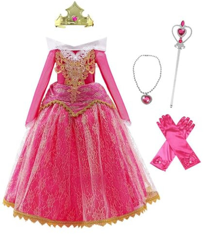 Lito Angels Vestito Principessa Aurora per Bambina Costume Bella Addormentata con Accessori Taglia 9-10 Anni, Rosa Caldo, Manica Lunga (Etichetta in Tessuto 140)