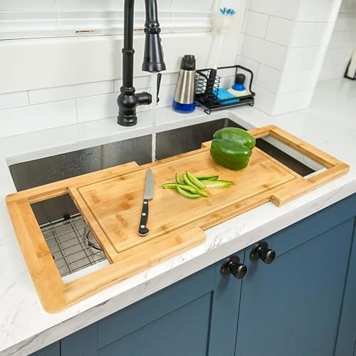 Nisorpa Bamboo Cutting Boards for Kitchen Over Sink,Cutting Board for Sink Cover for Counter Space,Over The Sink Expandable Chopping Board with Juice Groove for Kitchen