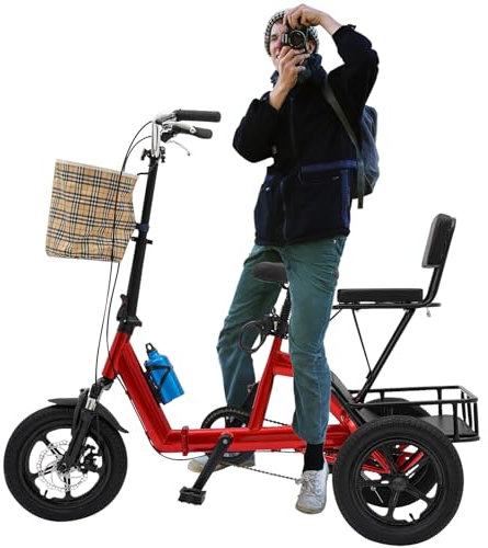 14 Zoll Dreirad für Erwachsene, 3 Räder Bike Fahrrad Trike mit Abnehmbaren Korb Wasserkocherhalter und Kindersitz, Faltbares Dreirad Fahrrad Cruiser Bike für Reisen, Radfahren, Einkaufen (Rot)