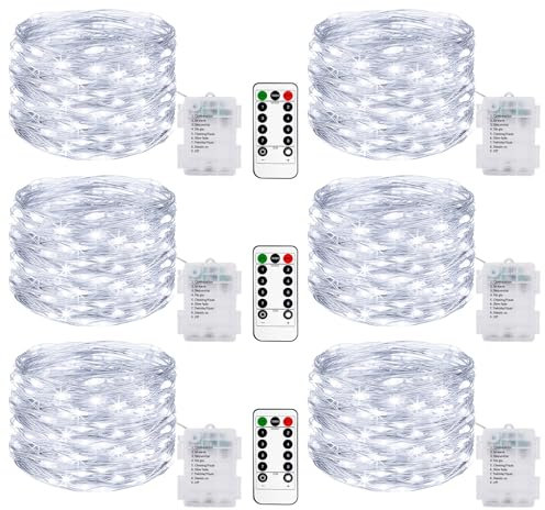 litogo 6 Stück 10M 100LED Lichterkette Batterie mit Fernbedienung, Lichterkette Akku mit Timer 8 Modi IP65 Wasserdichte Lichterketten Außen Kaltweiß Lichterkette Draht für Innen Aussen Deko