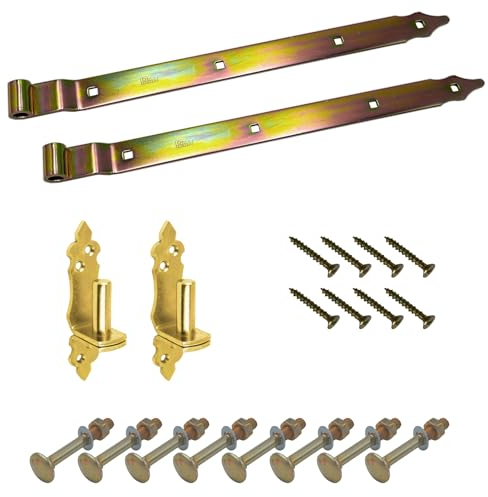 BRESKO Ladenband gekröpft mit dekorativen Kloben und Schrauben Set 300-800 mm Torband Türband Scharnier Bandscharnier Tor Beschlag Gartentor (Gelb verzinkt, 600x35x4 mm)