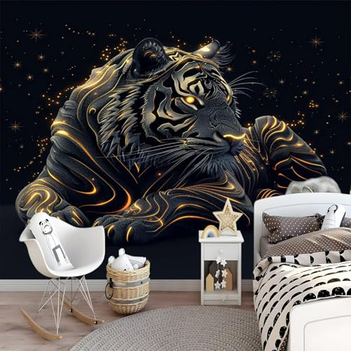 Photo Wallpaper Kids Room Bengal Tiger Black Gold Modern Non-Woven Living Room Bedroom Sofa TV Background Wall Decoration - 300 x 210 cm Photo Mural