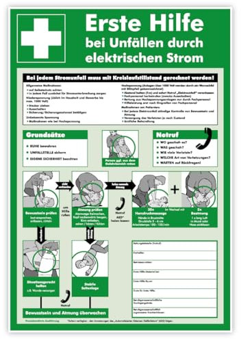 Aufkleber Aushang „Erste Hilfe bei Unfällen durch elektrischen Strom“ Stromunfall Dokumentation Notruf | 39,5 x 57,5 cm Made in Germany