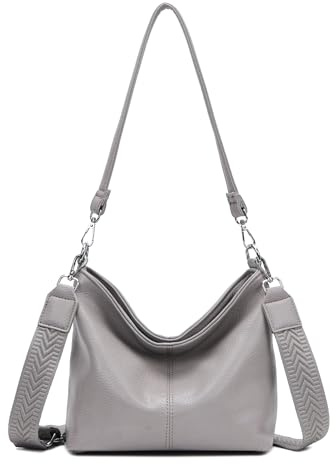 ITALYSHOP24 Damen Tasche Shopper Brusttasche Hobo Bag Schultertasche Crossbody Umhängetasche Beuteltasche Handtasche Crossover BodyBag Leder Optik Grau