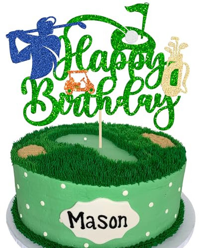 Ephlyn 1Pc Golf Birthday Cake Topper Glitter Happy Birthday Sign Golf Ball Player Cake Decorations for Sport Themed Man Boy Girl Birthday Party Supplies
