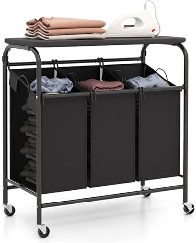 RELAX4LIFE Carro para la colada con 3 compartimentos, cesta para la ropa sucia con tabla de planchar plegable y bolsas extraíbles, cesta para la colada y el baño, negro y gris