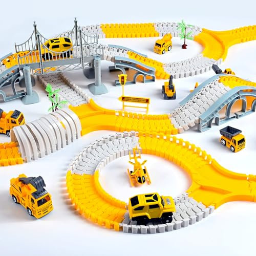 Blumacht 345 Teile Autorennbahn Set, Flexibles Rennbahn Set mit 7 Baufahrzeugen und 2 Elektroautos, Bagger Spielzeug Rennstrecke Spielzeug ab 3 4 5 6 Jahre Junge
