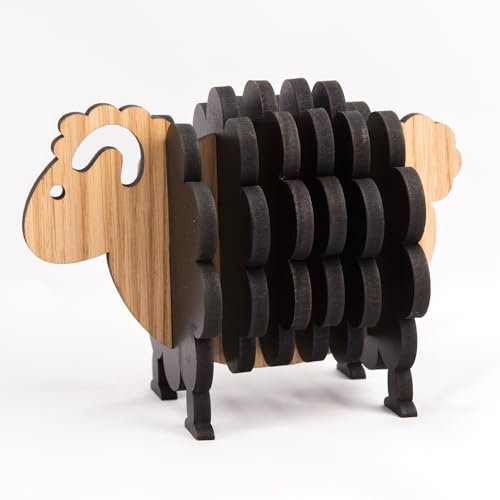 Baa-rilliant Getränkeuntersetzer aus irischem Eichenholz, mit Halter, niedliches Schaf-Design, handgefertigt in Irland, umweltfreundlich, saugfähig, 10,2 cm, 4 Stück