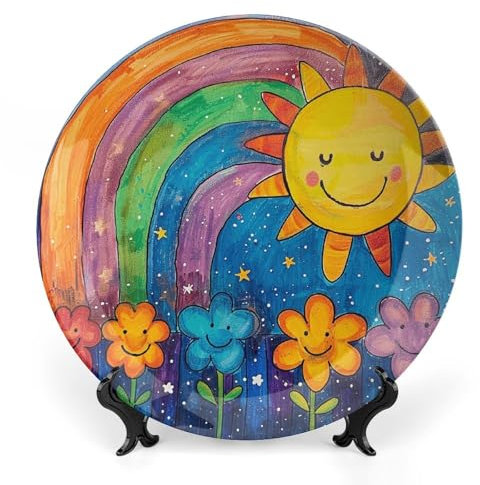 NTVOWPZO Assiettes décoratives en porcelaine anglaise arc-en-ciel et soleil - Décoration murale avec présentoir - Ornements en céramique pour décoration murale - 20,3 cm