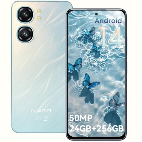 OUKITEL C58 Pro Mobile Phones 2025 - Android14, 24GB RAM+256GB ROM+1TB, 6.67 HD+50MP Main Camera, 5150mAh Smartphone, 4G Dual SIM Free Unlocked, NFC,Face ID/GPS/3.5mm Jack, Green