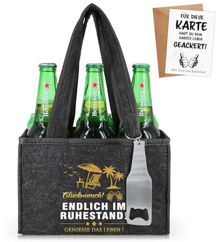 WenmthG Witzige Ruhestand Geschenk Männerhandtasche Bier mit Flaschenöffner und Grußkarten für Männer Mann Frauen Freund Kollegen Biertasche aus Hochwertigem Filz Flaschenträger für 6 Bierflaschen