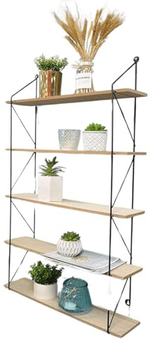 Kiswa collection 5-Tier Floating Wall Shelves – Modern Gold, black, White Decorative Hanging Shelving Wood and Metal Wire Frame Wall-Mounted Bookshelves Room (Black, 5- Tier)