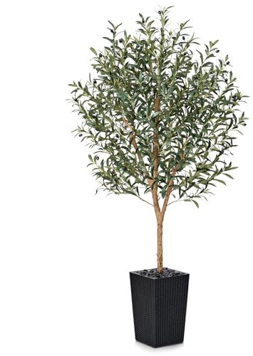 VeriNatural Olivier Artificiel 180cm-Grande Plante Artificielle d'Intérieur et Extérieur, Fausse Arbre avec Pot en Plastique Tressé Noir&Résistant aux UV-Décoration pour Maison,Balcon,VN133