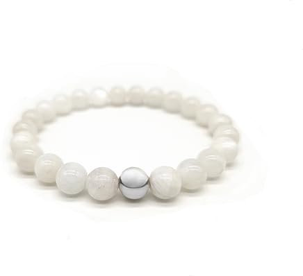 Nahle | Naturstein mit 925 Silberperle Armband | Naturstein Stretch- Armband | handgemachtes Perlenarmband | mit edler Schmuckschachtel (Mondstein, 16cm)