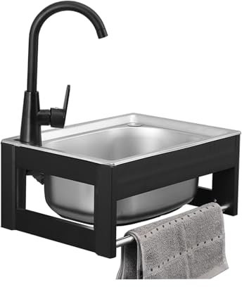 Evier inox 1 bac, Évier Utilitaire avec robinet et support en aluminium, Lavabo Lave-main hygiénique montage mural pour Restaurants Hôtels Cuisines Buanderie Extérieur Intérieur 50×40cm