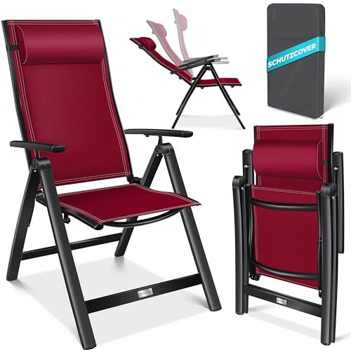 KESSER® Gartenstuhl Hochlehner mit Armlehnen Aluminium Klappstuhl mit Kopfkissen & Abdeckung Campingstuhl 7-Fach Verstellbar Rückenlehne Atmungsaktiv & Wetterfest Klappbar & Anti-Rutsch Bordeaux
