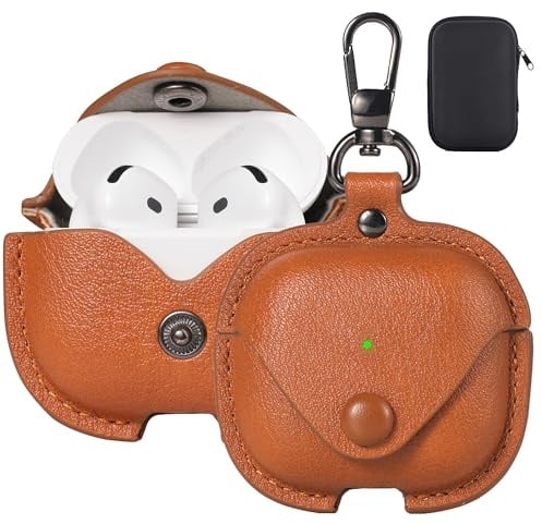 Maxjoy für AirPods 4 Lederhülle mit Schlüsselanhänger, Braun | Business-Look, Stoßfeste Schutzhülle, Sicherer Metallverschluss, Drahtloses Laden, Kabelgebundenes Laden