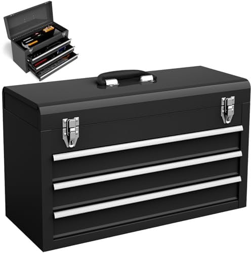 COSTWAY 3 Drawers Tool Box, Lockable Steel Toolbox with Top Storage Tray, Ball Bearing Runners, EVA Liners & Carry Handle, Tool Chest Storage Cabinet for Home Workshop (Black)