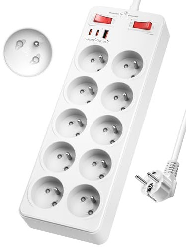 Multiprise USB C,Bloc 10 Prises Française avec Terre 2P+T,Prise Multiple avec Interrupteur Parasurtenseur,Multiprise Parafoudre et Surtension PD20W USB C Chargeur,Rallonge Electrique 2m Câble,Blanc