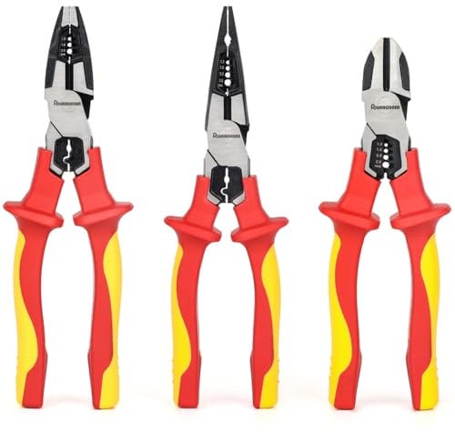 FOURROBBER 3PCS VDE Insulated Plier Set,Universal Combination Pliers, Needle Nose plier and Cutter plier,with Insulated Handles 60CrV, VDE-Tested 1000V