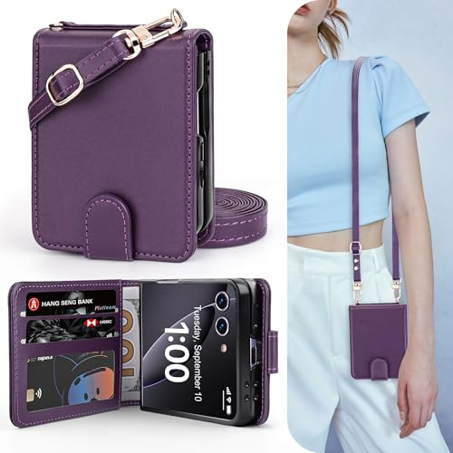 OCASE for Samsung Galaxy Z Flip 7 Case, PU Leather Wallet, Dark Purple | Magnetic Folio Cover with Adjustable Crossbody Strap, Card Holders, RFID Blocking, Shockproof for 6.9 Inch Flip 7