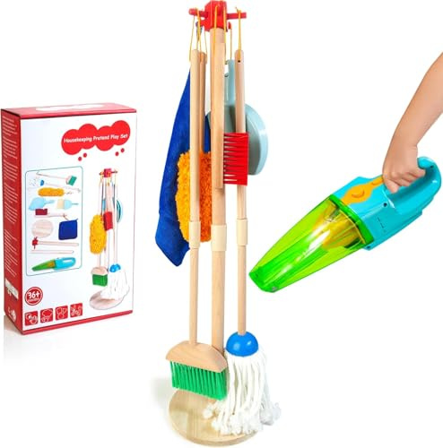 HELLOWOOD Kids Cleaning Set with Electric Vacuum Cleaners, Kids Vacuum Cleaner Set for Toddlers, Wooden Pretend Pole Play Toys for 3 Year Old+, Birthday