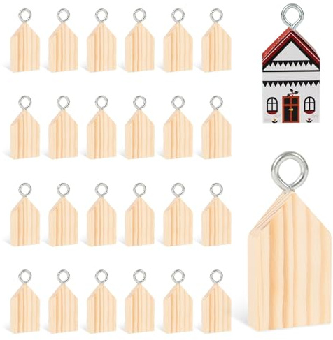 24PCS Unfertige Holzblöcke Holzhaus Schnitzholz, Blanko Würfel Holz In Hausform zum Basteln für DIY-Projekte, Malen, Anhänger Christmas Haus