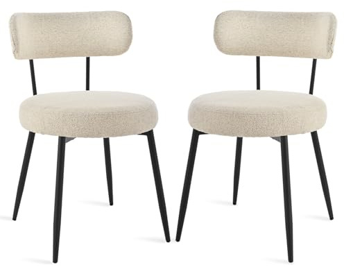 Bon Furni Esszimmerstühle 2er Bouclé Leinen Stoff, Beige | Moderne Gepolsterte Küchenstühle ohne Armlehne mit Metallbeinen, Komfortable Polsterstühle für Esszimmer & Küche