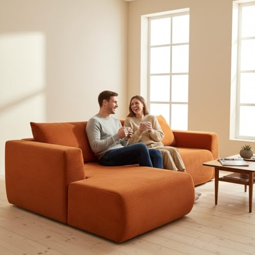 Ease Ecksofa mit Schlaffunktion, Modulares Sofa, Memory-Schaumstoff, L Form Couch aus Cord, Sektionssofas für Wohnzimmer und Schlafzimmer, Keine Montage (Orange)