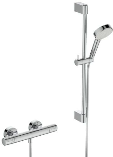 Ideal Standard Ceratherm T25 Duscharmatur Paket, Wassersparende Eco Brause mit variablen Strahlarten, inklusive Thermostat mit Verbrühschutz und Duschstange (600 mm) – Chrom