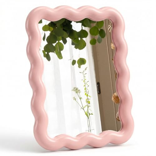 17,5 x 13,5 cm Tischspiegel, Schminkspiegel (Rosa) | Kleine Spiegel Desktop Wellenförmige, Steh Spiegel Tragbare Klappspiegel zum Stehen Aufhängen