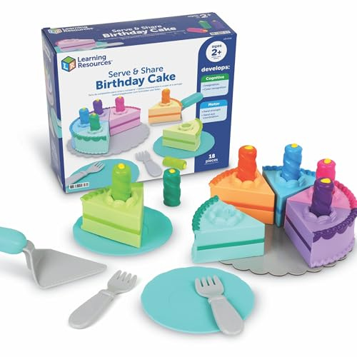 Learning Resources New Sprouts Serve & Share Birthday Cake - Imaginative Pretend Play Food, Fake Birthday Cake Set, Play Food Sets for Kids, Montessori Color Sorting Toys for Toddlers Ages 2+