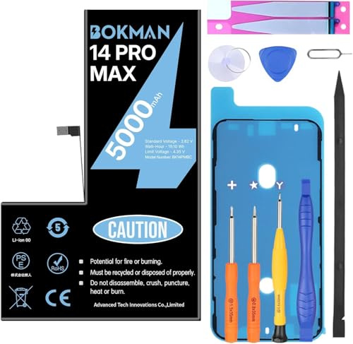 bokman Battery Replacement for iPhone 14 Pro Max 5000mAh, High Capacity Lithium Polymer Battery with All Tool Kits