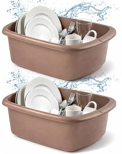 2 Pack Large 9L Washing Up Bowl for Kitchen Sink – Rectangular Heavy Duty Plastic Basin, Deep Dish Washing Tub, Utility Cleaning & Food Prep Container (Gold)