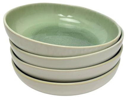 Carousel Home Set of 4 Green Stoneware Deep Plates, 22cm Reactive Glaze Pasta Bowls, Shallow Kitchen Dishes