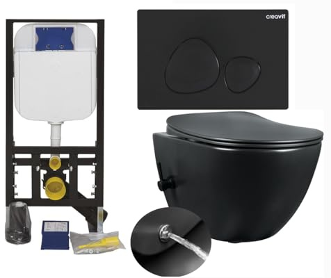 Wall-Hung WC 2 in 1 con funzione bidet integrata, rubinetto miscelatore nero opaco, telaio di installazione nascosto e pulsante di flusso nero abbinato