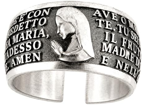 Gioielli Aurum Ring Ave Maria aus 925er Sterlingsilber, verstellbar, geschwärztes Band mit Madonna und graviertem Gebet, religiöser Schmuck Unisex Herren Damen Jungen