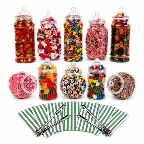 10 Assorted Plastic Sweet Jars, 2 tongs, 50 Bags for Parties, Weddings, Candy Buffet (Green)