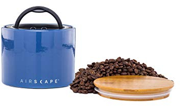 Planetary Design Airscape Ceramic Coffee and Food Kitchen Storage Canister | Patented Airtight Inner Lid with 2-Way Valve Preserves Food Freshness | Ceramic with Bamboo Top (Medium, Cobalt Blue)