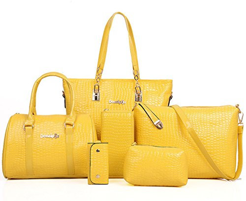 FiveloveTwo Damen 6-teiliges Set mit Crossbody Tasche und Geldbörsen PU Leder Schultertasche Shopper Tragetaschen Umhängetasche Geldbeutel Tote Taschen Clutches Gelb