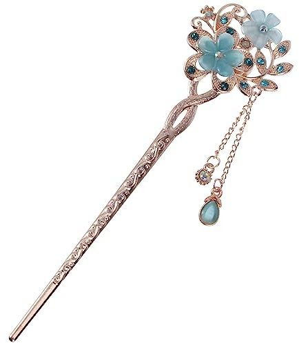 à cheveux vintage avec fleurs - Décoration chinoise - Ancienne pince à cheveux (bleu)