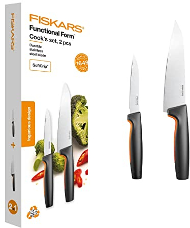 Fiskars Set de Cuchillos de cocina, 2 piezas, Functional Form, Incluye cuchillo de chef (grande), Cuchillo para verdura, Acero inoxidable japonés/plástico, 1057557