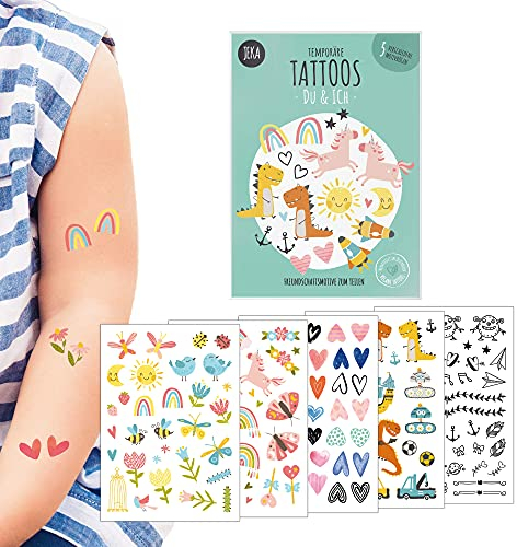 Hautfreundliche Kindertattoos zum Aufkleben - Motiv DU & ICH, Freundschaftstattoos, Kinder-Tattoo Set mit 5 Bögen, Tattoos Kinder, 100% Vegan und Hergestellt in Österreich, JEKA