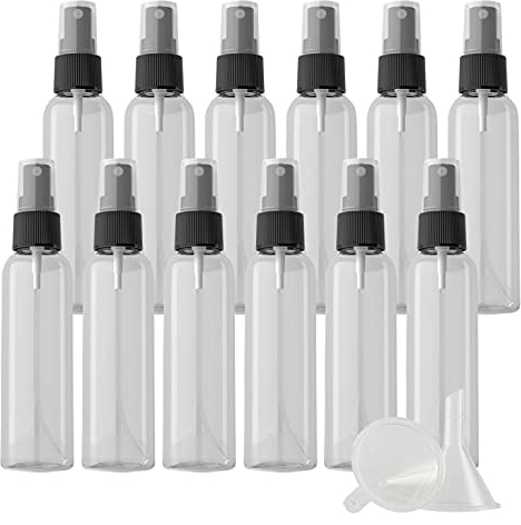 ZEOABSY 96 Piezas 60ml Botella de Spray Vacía Plástico Transparente Atomizador de Viaje Conjunto de Botellas, con Pulverizador de Niebla Fina Blanco para Perfume Agua 2 Embudos