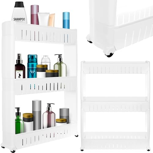 Carro de almacenamiento compacto para ahorrar espacio, cocina, baño, armario con estantes y 4 ruedas, estantería multiusos con ruedas (3 estantes)