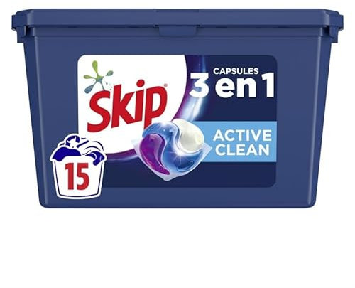 SKIP 3 En1 Active Clean - Detergente de cápsulas (15 cápsulas, lote de 3 unidades)