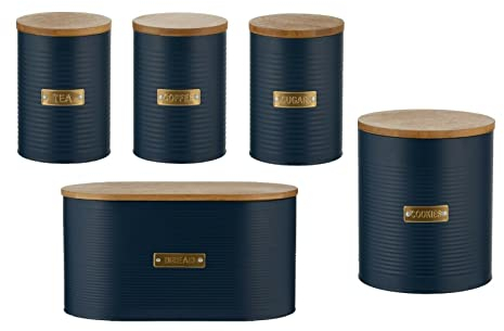 5pc Kitchen Storage Set with Airtight Bamboo Lid - Tea Coffee Sugar Biscuit Cookie Barrel Canister Jar & Stylish Bread Bin – Embossed Design Matt Finish Navy Colour - Stainless Steel Metal Non-Rust
