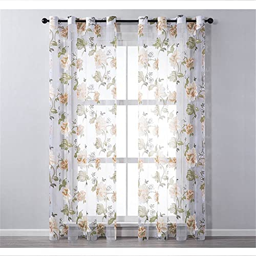 GIVBRO Vorhänge mit Ösen, Pfingstrose, gemustert, Voile, Fensterbehandlungen, Gardinen, transparenter Türvorhang für Zuhause, Gelb, 100 x 200 cm