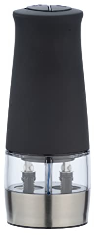 WENKO Salz- & Pfeffermühle, Black Kitchen Gewürzmühle mit zwei getrennten Kammern für Salz und Pfeffer, LED-Beleuchtung Keramikmahlwerk, einfache Bedienung per Knopfdruck, 55021100, 7 x 17 x 6 cm