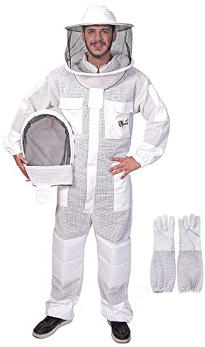 USKEEPERS Apiarist - Traje de apicultura de 3 capas, ultra ventilado para hombres y mujeres, traje de apicultor con guantes de abeja y 2 velos de apicultura (blanco XL)